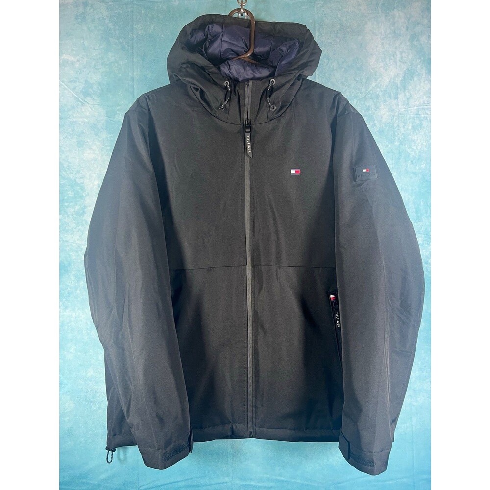 Tommy Hilfiger Men's Black Hooded Full-Zip Jacket Water/Wind Resistant XL